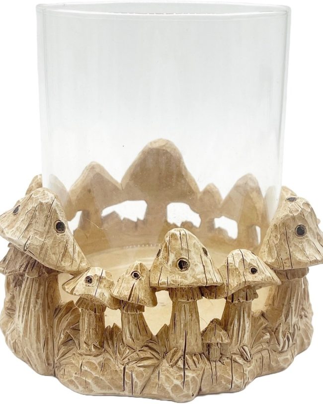 Houten Kandelaar met Glasinzet – Ø14 x 14 cm – Naturel met Paddenstoeldecoratie