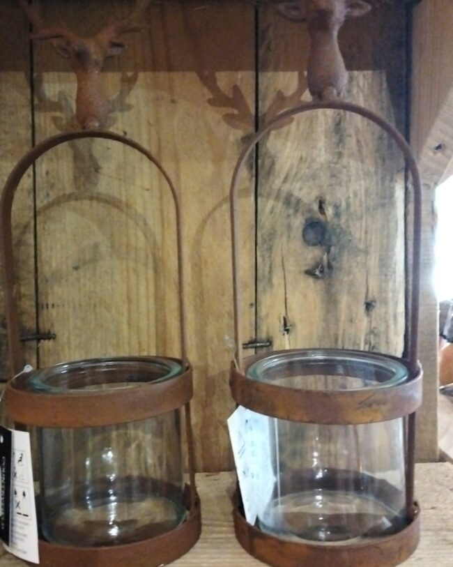 Countryfield Kandelaar / Theelichthouder – Metaal & Glas – Roestbruin – L9xB9xH28 cm