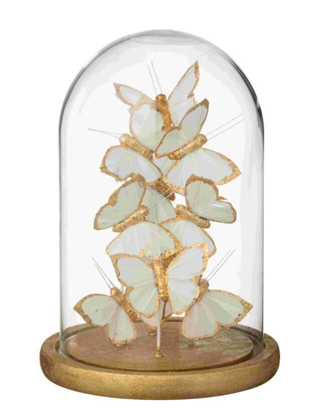 J-Line - Decoratieve stolp met vlinders – glas - wit/goudkleurig - klein - 26cm