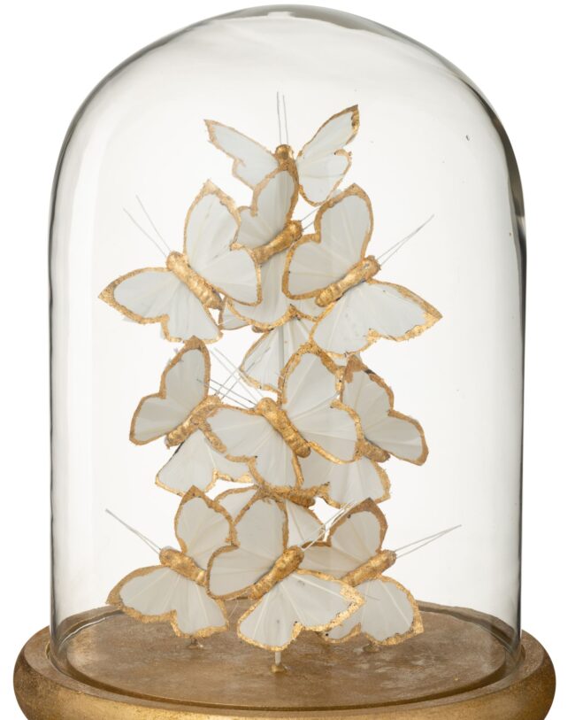 J-Line - Decoratieve stolp met vlinders – glas - wit/goudkleurig - groot - 29cm