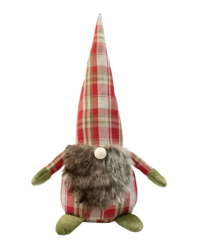 MARS & More - Deurstopper Kerst Gnome - polyester - ruit rood/beige - 15x15x42 cm
