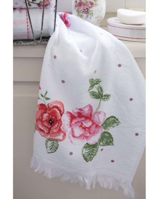 Clayre & Eef -Gastendoekje met rozenmotief – Wit/roze – Katoen – 40×66 cm