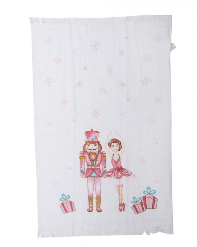 Clayre & Eef -Gastendoekje met notenkraker en balletdanseres – Wit/roze - Katoen - 40×66 cm