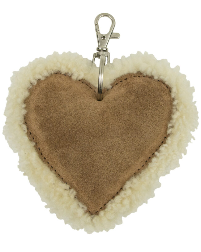 MARS & More - Sleutelhanger - Hart in bruin schapenleder met rand van schapenwol - 10 cm