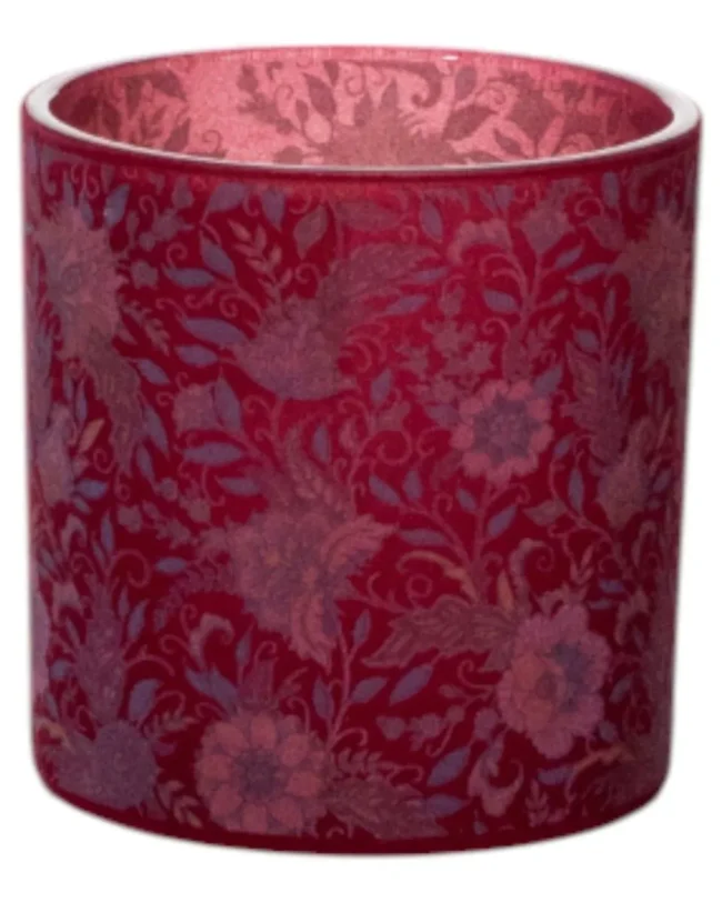 MARS & More - Theelichthouder – Fluwelen bloemen - glas - bordeaux - middel - Ø10 -  h 12,5 cm