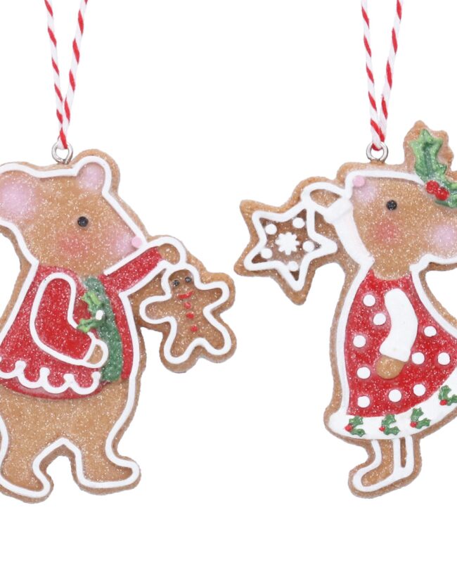 Gisela Graham - Kersthanger Gingerbread muizen - kunsthars - H 8 cm assortiment van 2/prijs per stuk