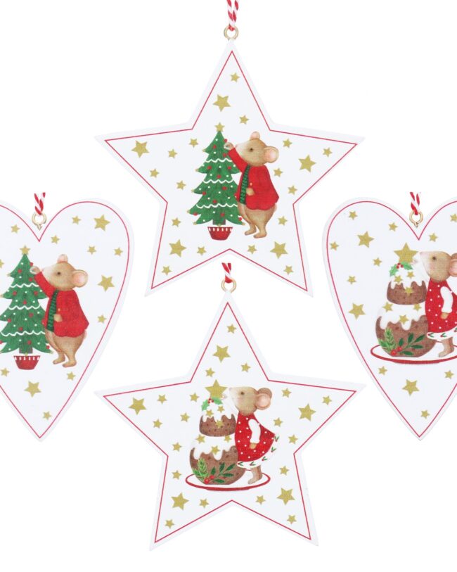 Gisela Graham - Vintage Houten Kersthanger - Hart & Ster met muis - H 8 cm - assortiment van 2/prijs per stuk