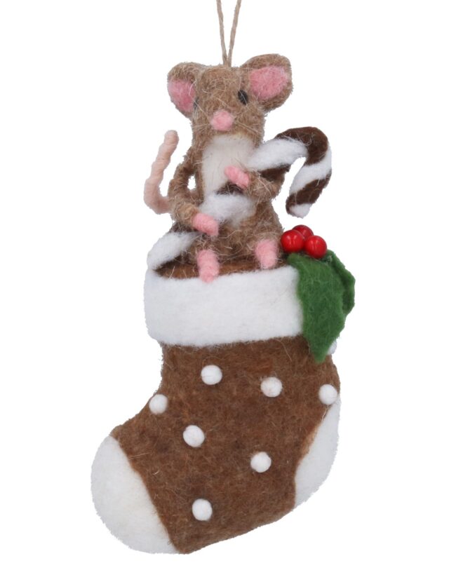 Gisela Graham - Kersthanger Muis in Kerstsok - wolmix - H 17 cm
