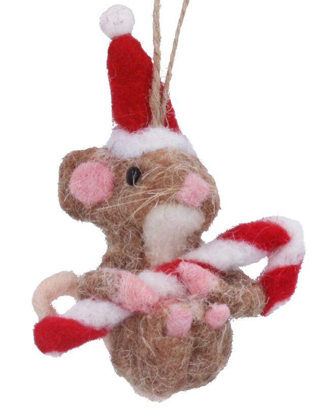 Gisela Graham - Kersthanger Muis met Suikerstok - wolmix - H 10 cm