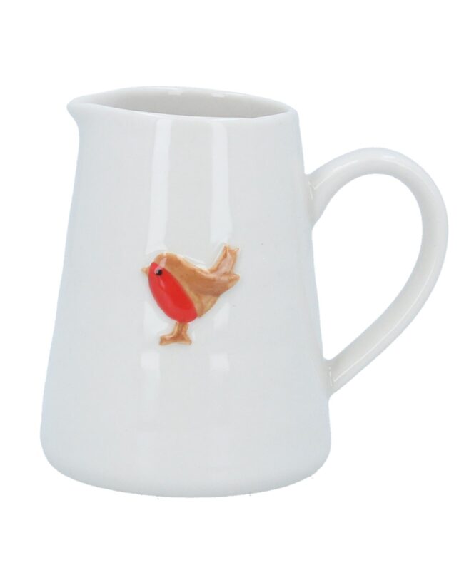 Gisela Graham - Kerstservies Mini Keramische Karaf roodborstje – crème -  8 x 6 cm