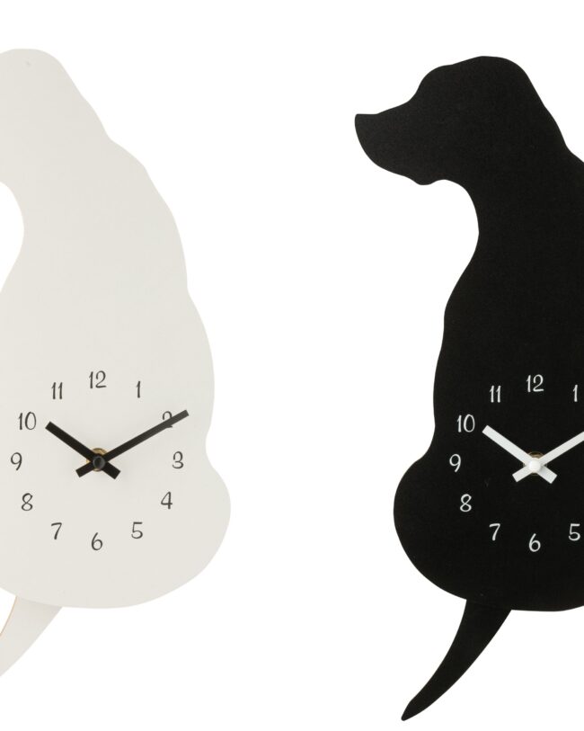 J-Line - Wandklok Hond – MDF – Zwart of Wit - 40 cm - assortiment van 2 / prijs per stuk