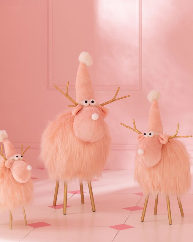 J-Line - Rendier met Kerstmuts – Lichtroze - Polyester - GROOT - H 61 cm