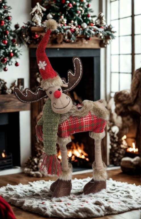 La Galleria - Eland met kerstoutfit staand - bruin/rood - polyester - H 100 -140 cm enkel afhaal