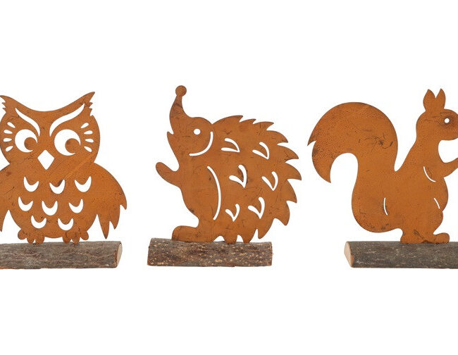 Countryfield -Dierenornamenten op Houten Voet - metaal - Roest  - L 16 x B 4,5 x H 20,5 CM - assortiment van 3/prijs per stuk