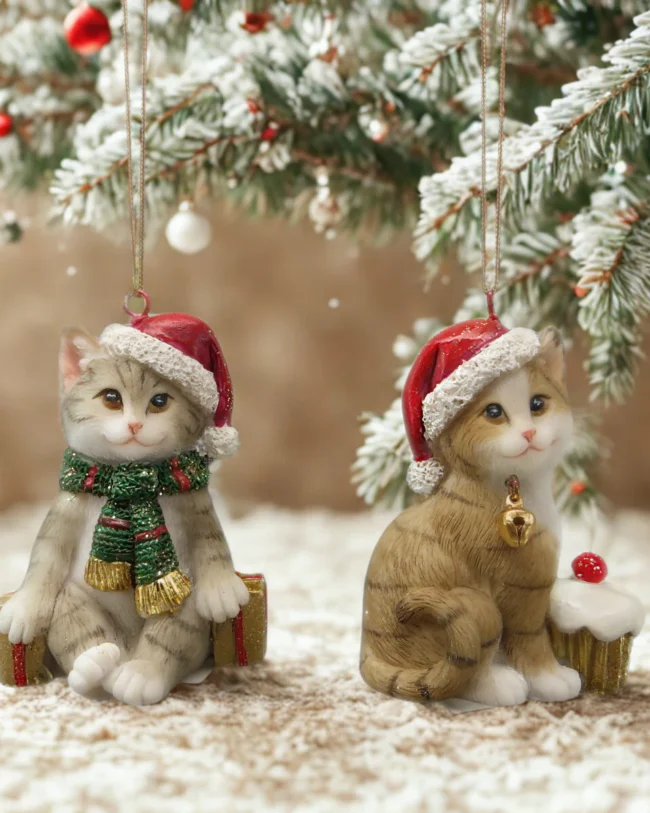 La Galleria – Kersthanger Katjes (Grijs & Bruin) - kunsthars - h 7 cm - assortiment van 2/verkocht per stuk