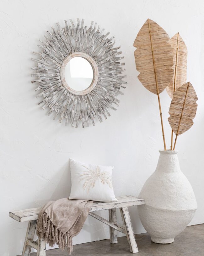 j-line - Spiegel Rond Zon – Hout - Whitewash - 100 x 5 x 100 cm - geen verzending/enkel afhalen