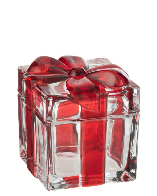 Theelichthouder - bewaardoos - j-line - Glas - Rood - L - 11 × 11 × 11,5 cm