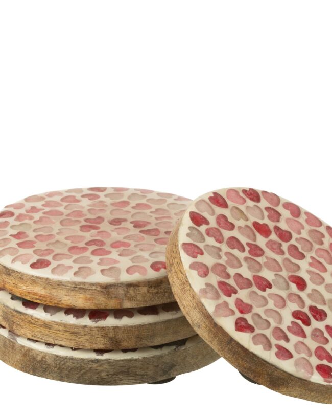 j-line - Set van 4 Onderzetters – Hart Mozaïek - Mango Hout - Roze - Ø 10 cm