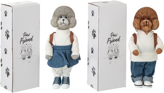decoratief beeld - j-line - Poedel jongen/meisje - meerkleurig - kunsthars - groot 17 x 12 x 34 cm - assortiment van 2/prijs per stuk