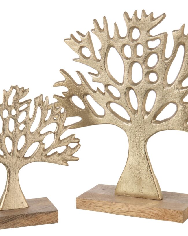 j-line - Boom - Aluminium - goudkleurig op Mangohouten Voet - Groot: 26,5 × 25 × 7 cm