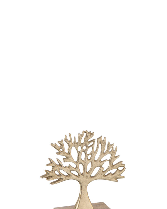 j-line - Boom - Aluminium - goudkleurig op Mangohouten Voet - Klein: 17 × 16,5 × 6 cm