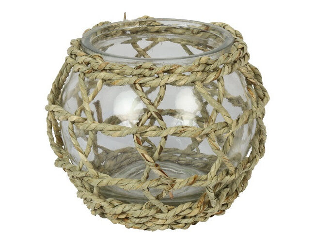Countryfield - Windlicht Naturel - Riet/Glas - bol L13 × B13 × H10 cm