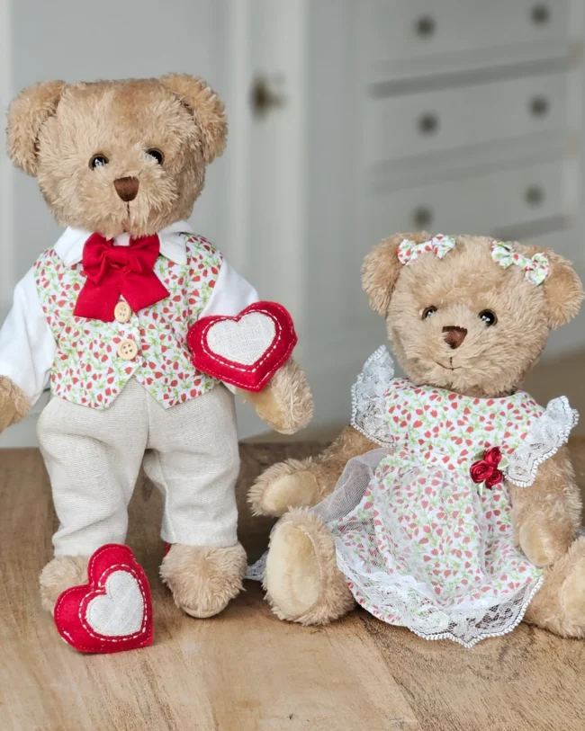 Berenkoppel - rode bloemetjes met hartje (Limited Edition) - Set van 2 - 30 cm - Handgemaakt - La Galleria