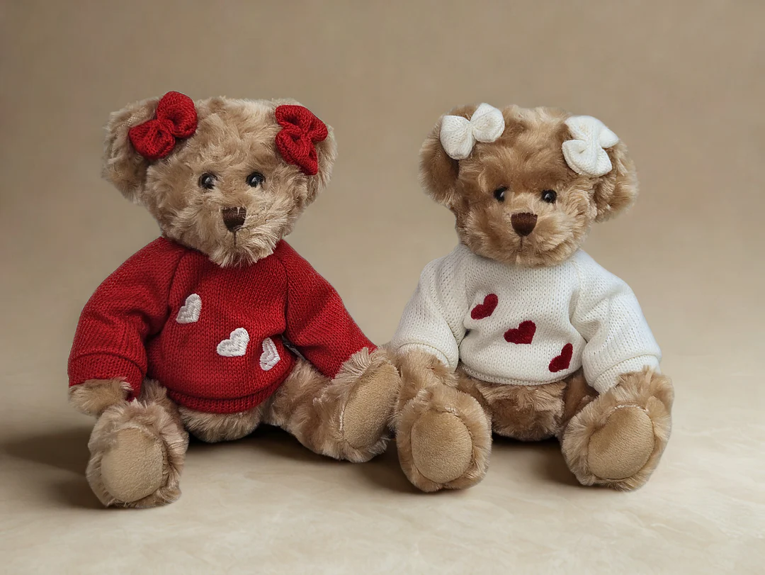 Meisjesbeer Marion - rode & witte pull met hartjes - Assortiment van 2/prijs per stuk - 25 cm - Handgemaakt - La Galleria