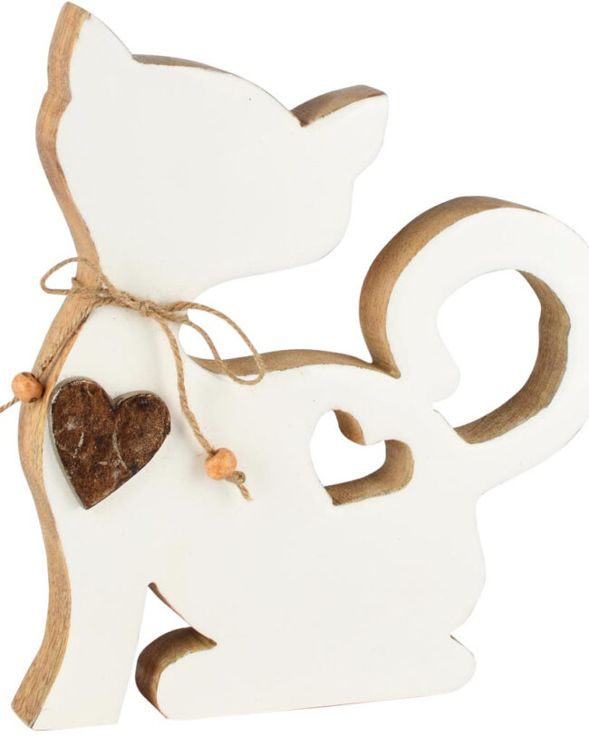 Decoratieve Poes met Hartje - Wit - Hout/Emaille - 19 × 3 × 22 cm