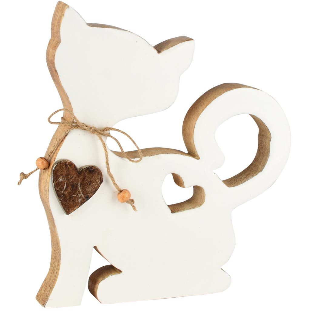 Decoratieve Poes met Hartje - Wit - Hout/Emaille - 19 × 3 × 22 cm