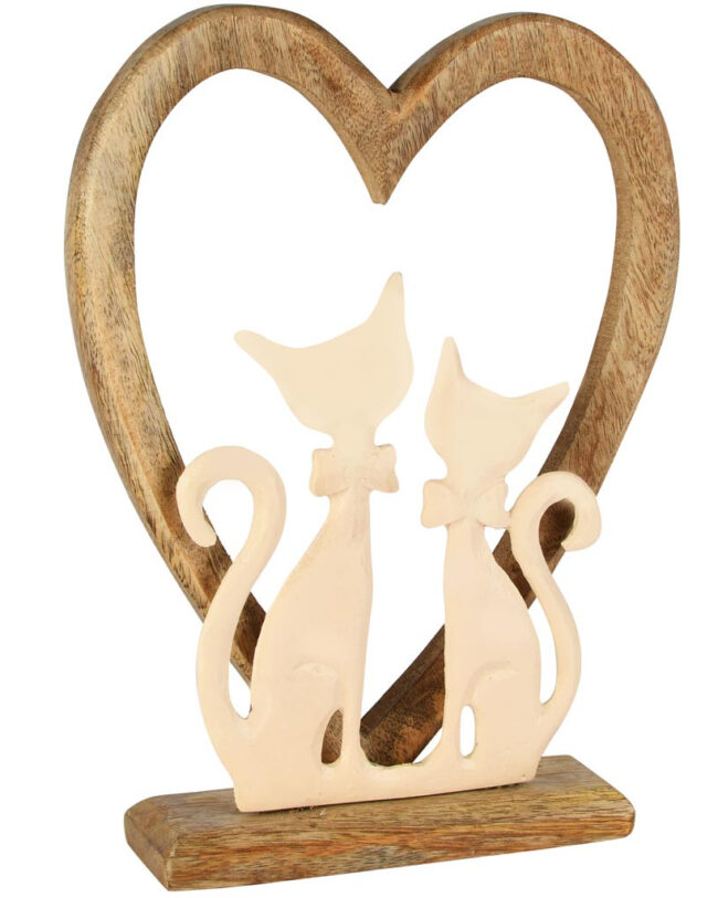 decoratief - Houten Hart op Voet met Poezen - Wit/Naturel - Aluminium & Hout - 13×5×15 cm
