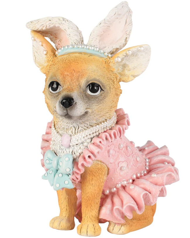 decoratief - Hondje Zittend met Roze Rokje en Paashaas-Oortjes - Naturel/Roze - Kunsthars - 10×8×15 cm