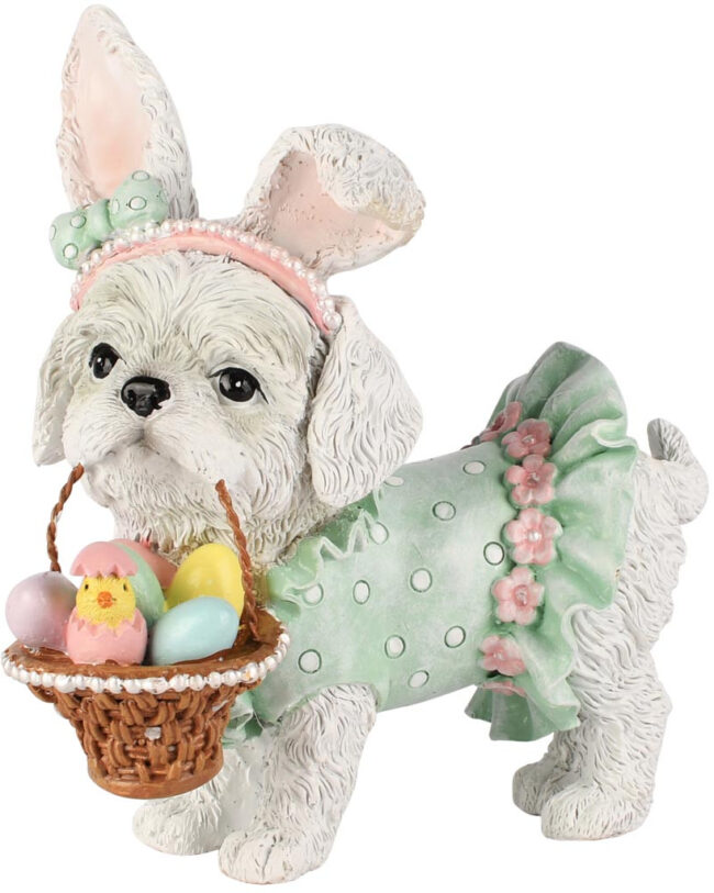 decoratief - Hondje staand met groen Rokje en Paashaas-Oortjes - wit/groen - Kunsthars - 15×7×15 cm