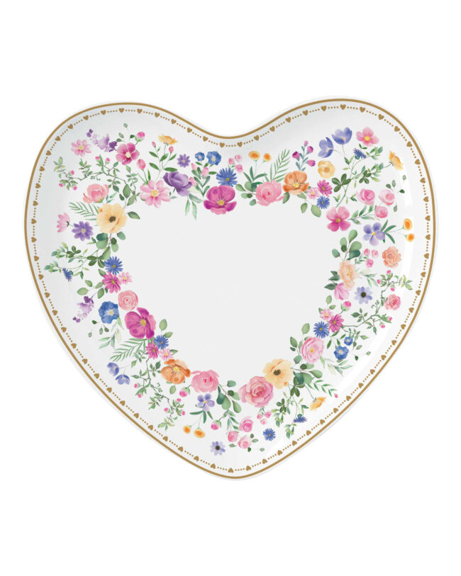 decoratief - ‘Mon Amour’ hartvormige Schotel ‘Mon Amour’ – Porselein - wit met bloemenkrans - 21×16 cm