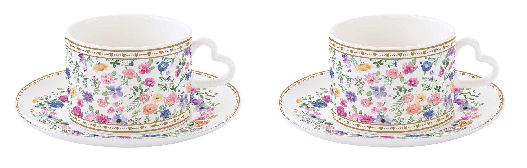 decoratief - ‘Mon Amour’ Set van 2 Kopjes met Schoteltjes ‘Mon Amour’ - Porselein - wit met bloemenmotief - 240 ml - Afbeelding 2