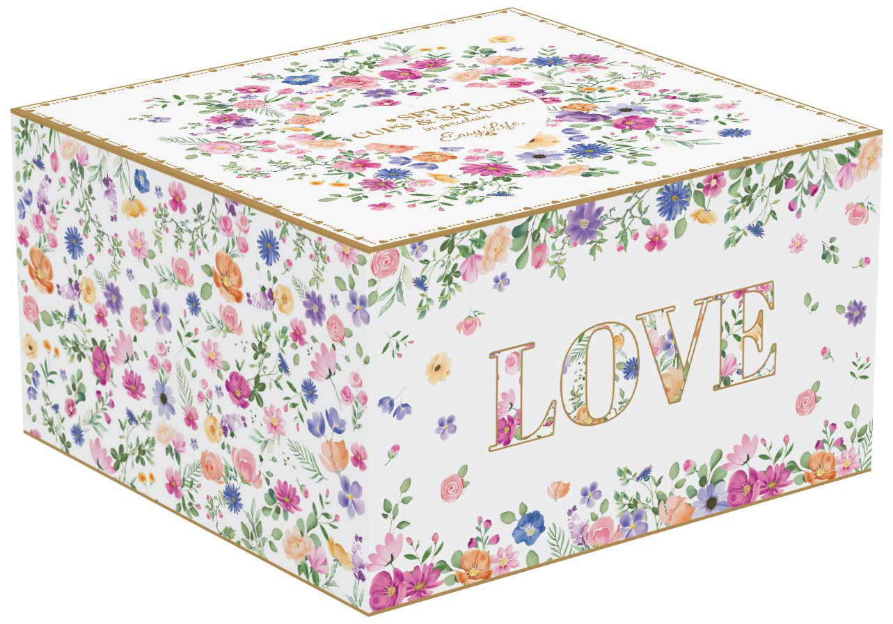 decoratief - ‘Mon Amour’ Set van 2 Kopjes met Schoteltjes ‘Mon Amour’ - Porselein - wit met bloemenmotief - 240 ml - Afbeelding 3