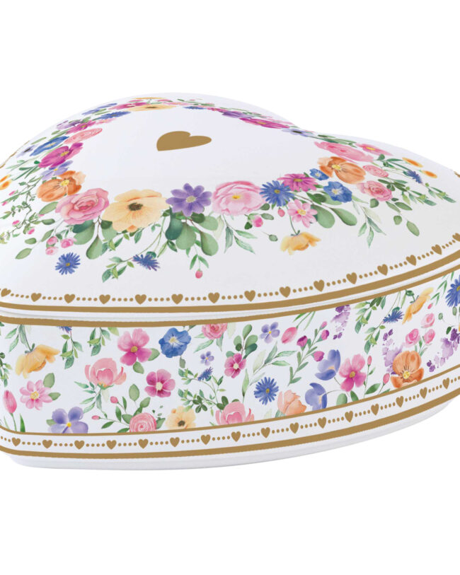 decoratief - ‘Mon Amour’ Juwelendoos met Deksel Hartje - Porselein - wit met bloemenmotief - 12×12×6 cm