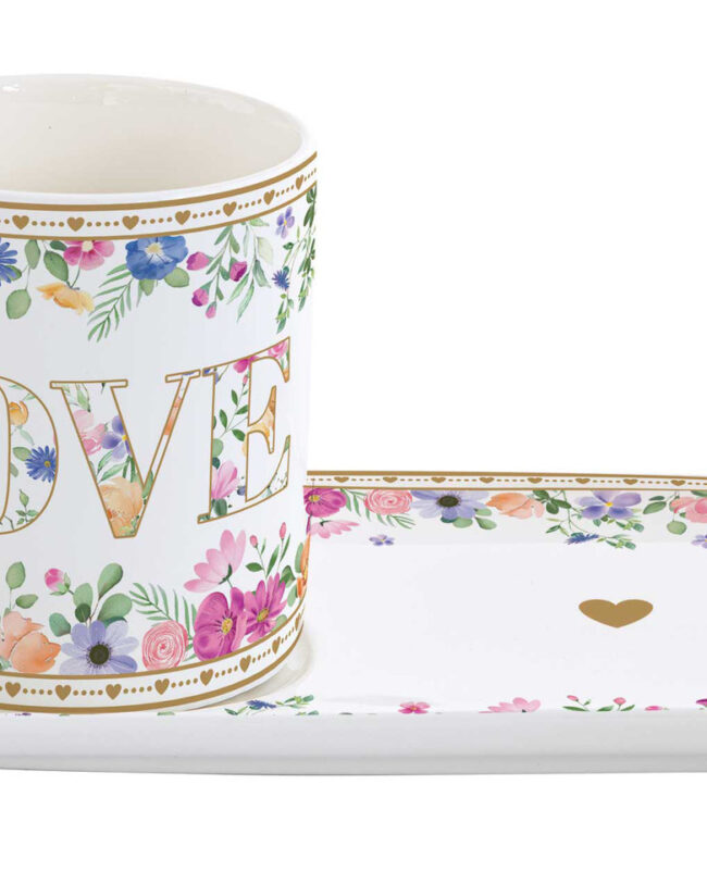 decoratief - ‘Mon Amour’ Mok met Schotel – Porselein - wit met bloemenmotief - 320 ml