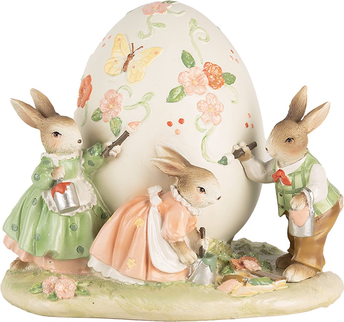 paasdecoratie - goodwill - Schilderende Konijnen met paasei - kunsthars -beige/roze/groen - 22 × 17 × 18 cm