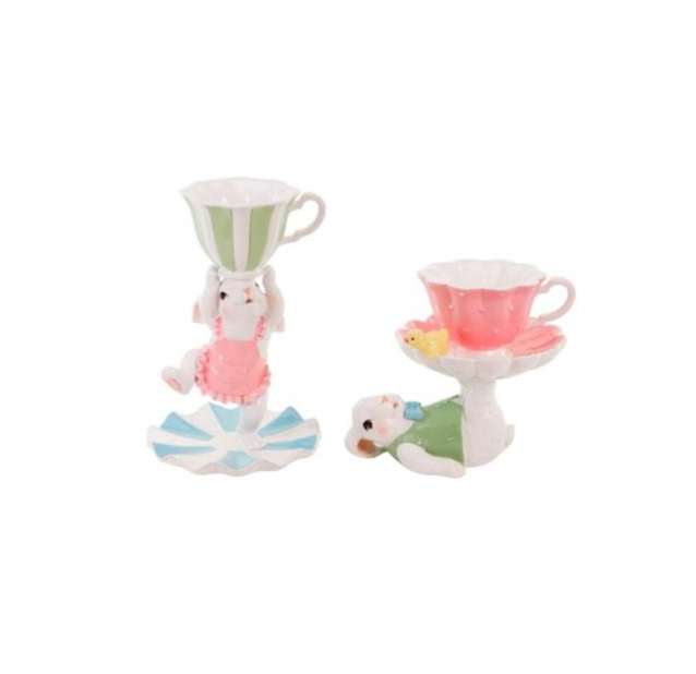 paasdecoratie - goodwill - paashaas met theekopje - polystone - roze/groen/wit - assortiment van 2/prijs per stuk - H 24 cm