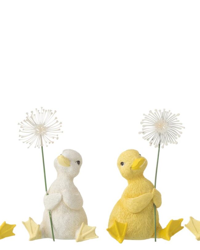 paasdecoratie - j-line - Eend met Bloem - Kunsthars - Wit/Geel🐤💛- Assortiment van 4/Prijs per stuk