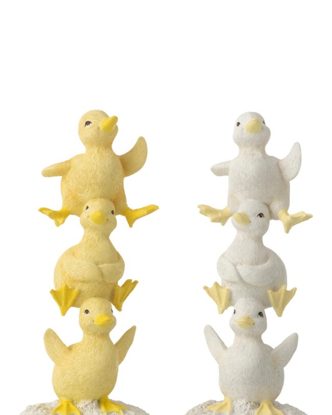 paasdecoratie - j-line - Toren van eendenkuikens - kunsthars - Wit/Geel 🤍💛- 9 x 8 x 21 cm - assortiment van 2/prijs per stuk