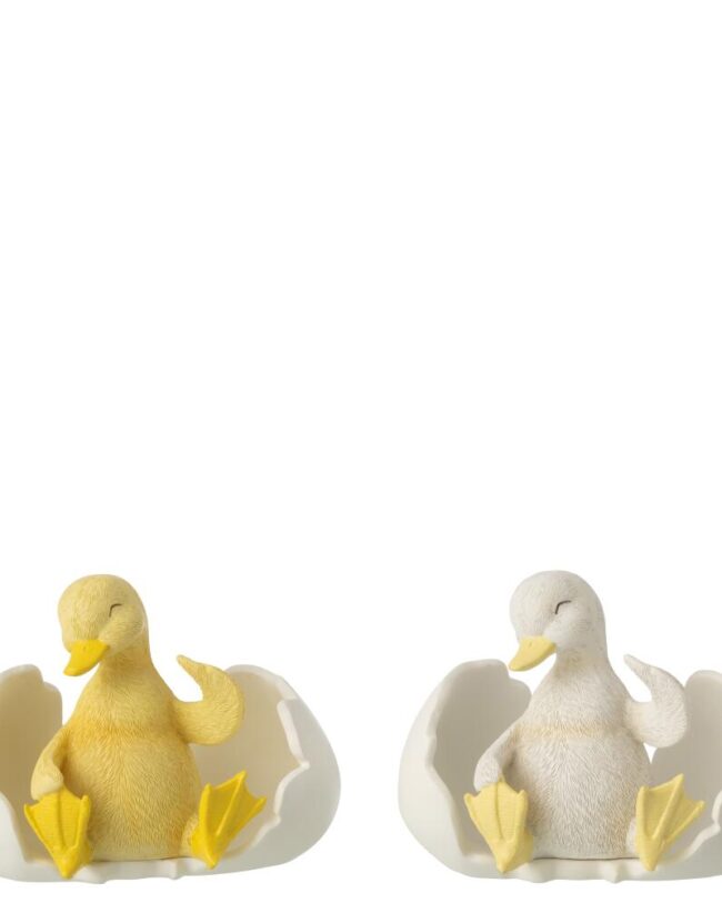 paasdecoratie - j-line - Eendenkuiken in Eierschaal - Kunsthars - Wit/Geel 🐣✨- 14 x 8 x 9 cm - assortiment van 2/prijs per stuk
