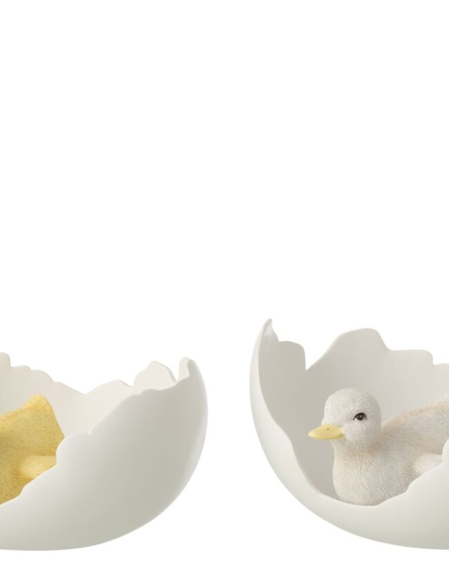 paasdecoratie - j-line - Eendenkuikens in Eierschaal - Kunsthars - Wit/Geel 🐣✨- 19 x 15,5 x 10,5 cm - assortiment van 2/prijs per stuk