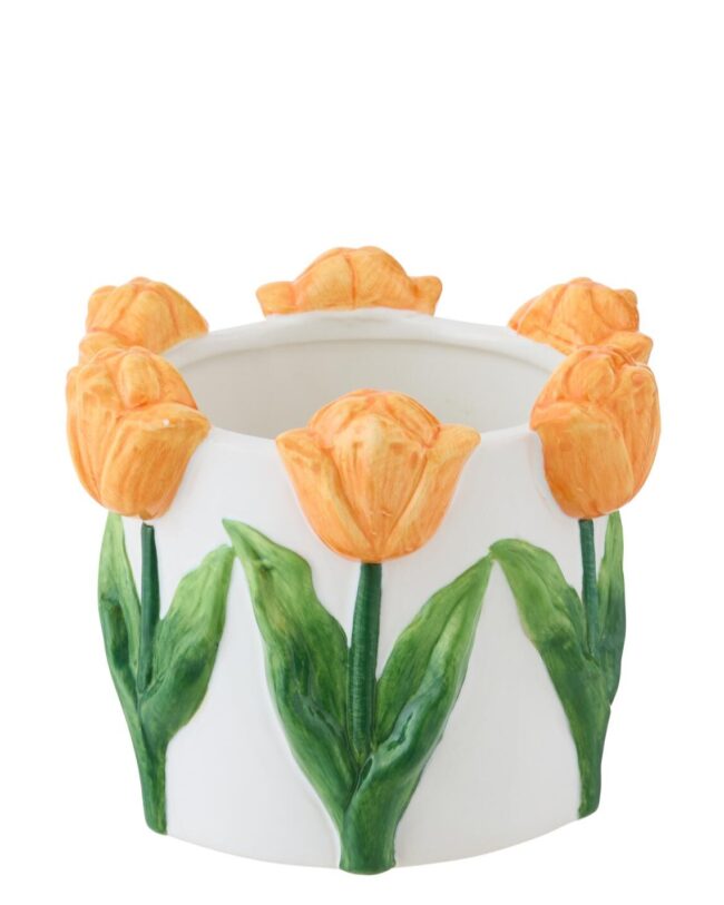 Bloempot Tulp - J-LINE - Keramiek – Wit/Oranje 🤍🧡- 16 X 16 X 13 CM