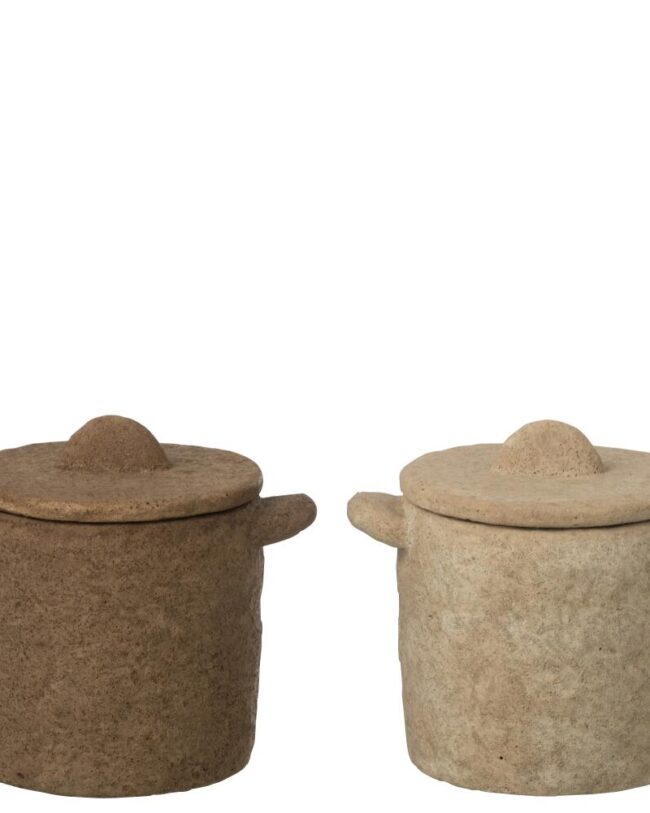 Decoratieve Pot met Deksel - j-line - Keramiek - Beige/Donkerbruin - Klein 🤍🤎- 14,5 x 11 x 13 cm - assortiment van 2/prijs per stuk