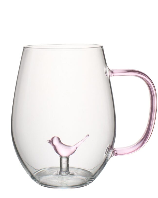 Drinkglas Vogel met Handvat - j-line - Glas - Lichtroze/Transparant 🌸🐦- Ø 11,8 x 8 cm