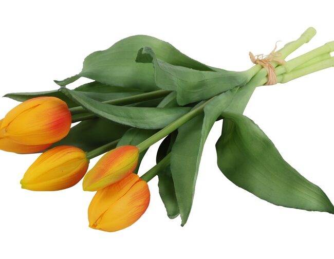 Kunstboeket – countryfield – tulpen – kunststof – 5 stuks geel/oranje – L15B15H29CM