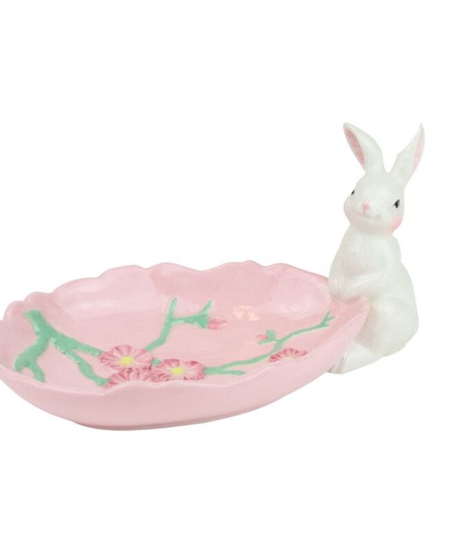 paasdecoratie - goodwill - Konijntje met bordje - keramiek - roze/wit - H 19 cm