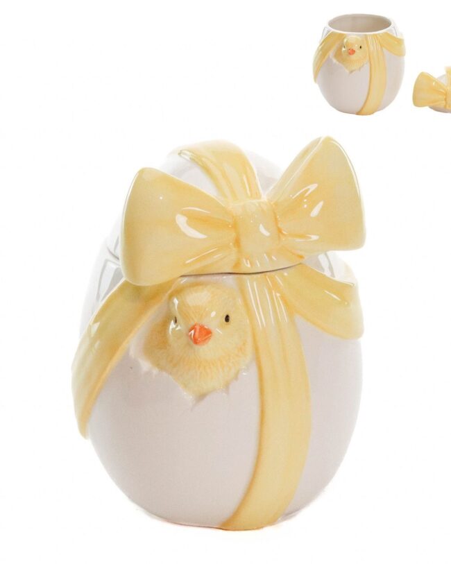 Paasdecoratie - Goodwill - Voorraadpot Paasei met Kuiken - wit/geel - keramiek - H 15,5 cm